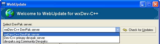 Si clicca sulla freccia per vedere l elenco dei server (al momento ce ne sono solo tre, e solo uno è dedicato a wxdev-c++). Si seleziona 'Dev-C++ primary devpak server'. Figura 1.