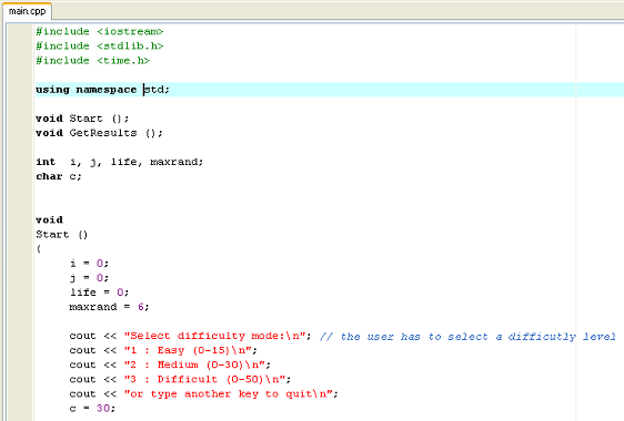 Chap1to8 - Programmare_Con_wxDev-C++.doc Pagina 31 di 150 Figura 2.6 Codice sorgente con la sintassi evidenziata.