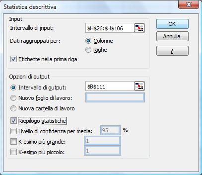 Dal Menu Strumenti scegliere Analisi dati > Statistica descrittiva 20,1 Riempire la finestra di dialogo secondo le indicazioni seguenti (figura 1) 17 Premere il tasto Tab per passare al campo