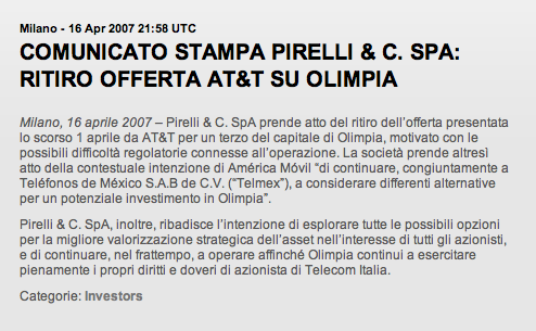 Rischio regolatorio e incertezza del processo decisionale Pirelli & C.