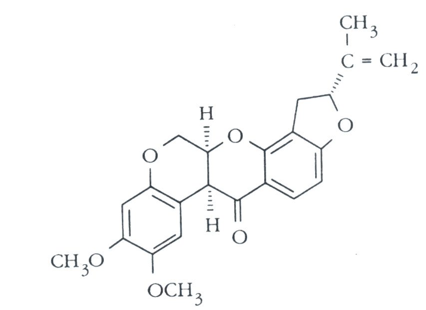 Rotenone Nome chimico (IUPAC): (2R, 6aS, 12aS) - 1,2,6a, 12, 12a - hexahydro - 2 - isopropenyl - 8,9 dimethoxychromeno [3,4 - b] furo [2,3 - h] chromen - 6 - one.
