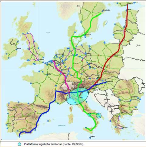 Fig. 3.2 Le direttrici di reti TEN T, i porti italiani e le piattaforme logistiche territoriali Fonte: elaborazione DIPE su dati Commissione europea e Censis 3.