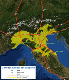 porti (in rosso le zone entro 200 km su