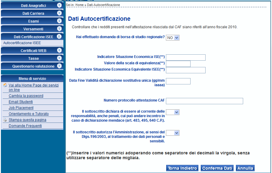 pagina per l inserimento dei dati ISEE : Prima di procedere,