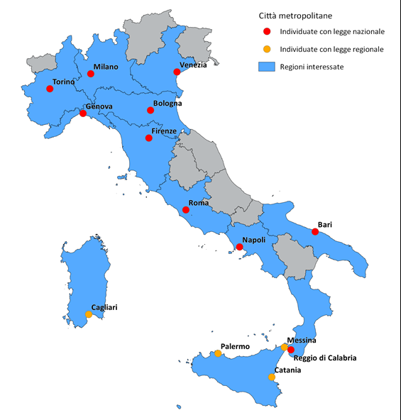 Le città metropolitane in Italia Per l individuazione delle aree territoriali (città) poste come target dell Agenda urbana all interno dei Programmi Operativi Regionali, secondo un impostazione