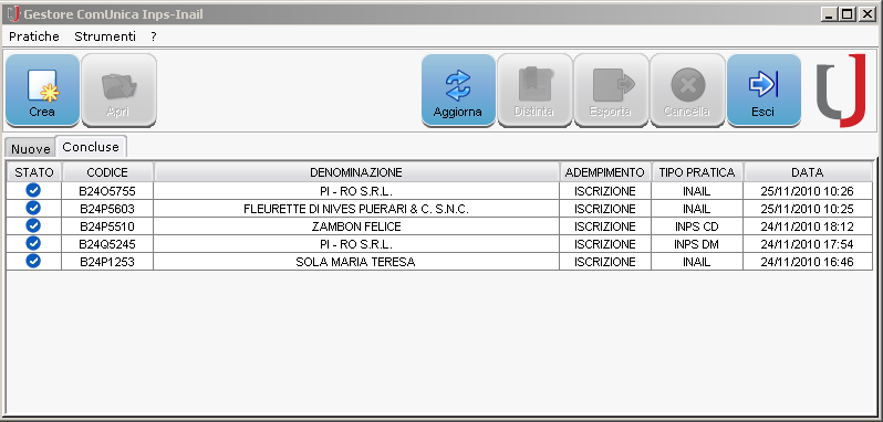 o ADEMPIMENTO iscrizione o variazione (per quelle pratiche che lo prevedono) o TIPO DI PRATICA o DATA: data ultima modifica Selezionando