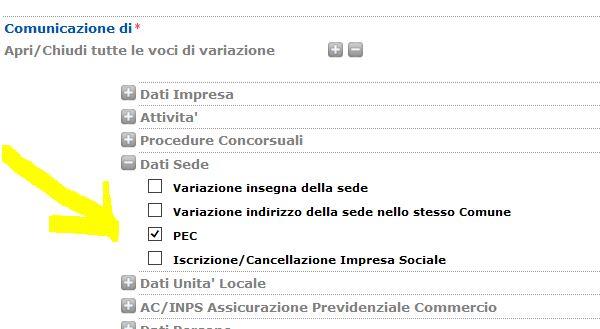 oppure con una comunicazione di variazione selezionando la voce PEC nel gruppo Dati Sede. 10.3.