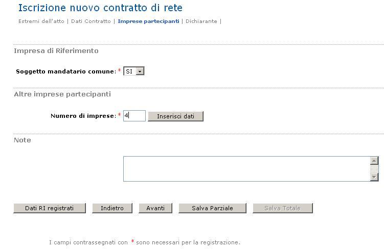 Se è stato importato un atto in formato elaborabile, l utente torva già elencate tutte le imprese partecipanti: deve solo indicare per ciascuna se è soggetto mandatario per il contratto di rete.