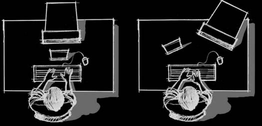 16 La disposizione del monitor, della tastiera e del mouse I diversi elementi (tastiera, schermo, mouse, leggio portadocumenti) vanno posizionati in funzione dell attività da svolgere: in un lavoro