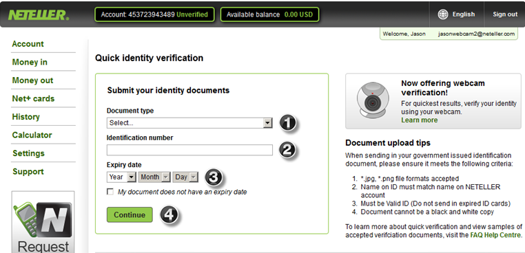 4. Selezionare il tipo di documento dal menu a discesa.