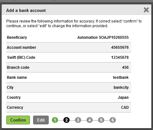 Passaggio In questa schermata verrà richiesto di rivedere i dettagli del conto bancario e di:.