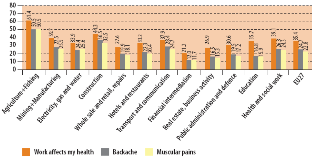 europea, con il 27,6% di lavoratori che riporta problemi di salute, il 19,9% dolori alla schiena e il 18,1% dolori muscolari.