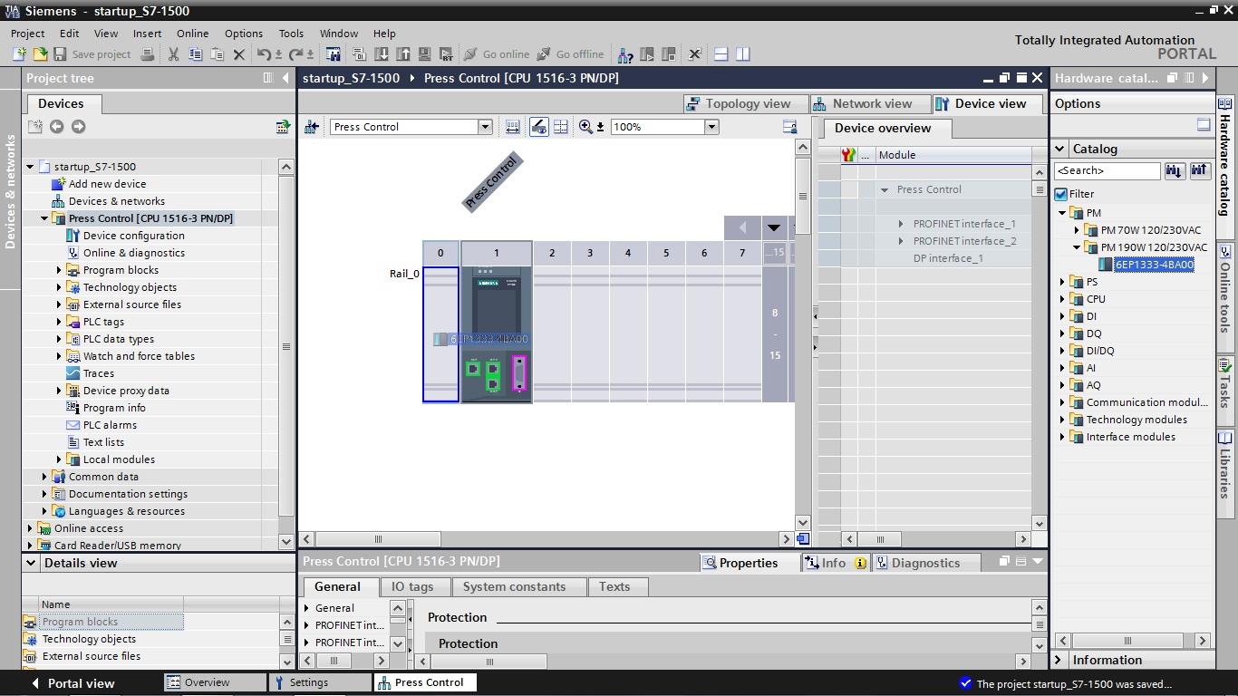 5. Ora il software passa automaticamente alla vista progetto con la configurazione hardware aperta nella vista dispositivi.