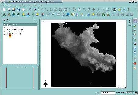 Dopo aver selezionato il dato e cliccato su Open il dato raster relativo alla rappresentazione cartografica delle classi altimetriche (DEM) della Regione Lazio apparirà