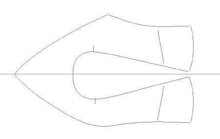 Figura 43 Disegno del pezzo della tomaia Si provveda ora a tagliare con il trincetto tutta la linea del montaggio, la linea dello scollo aumentata del margine di ripiegatura, e le linee del tallone.