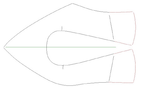 Figura 46 Disegno del pezzo della fodera Dopo tale operazione, con il compasso a due punte si traccino due nuove linee parallele: - la prima lungo lo scollo, aumentando del margine di rifilatura,