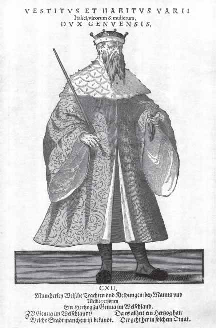 J. Amman - Dux Genuensis Tratto da: Habitus praecipuorum populorum, tam virorum quam foeminarum Norimberga, 1577 - Xilografia acquarellata, 230x170 mm - Collezione