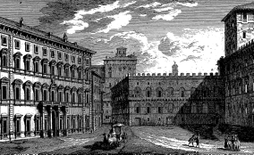 Sulla sinistra, Palazzo Bolognetti, poi Torlonia, oggi scomparso; al centro, sullo sfondo, la Torre di Paolo III, anch essa distrutta e, in