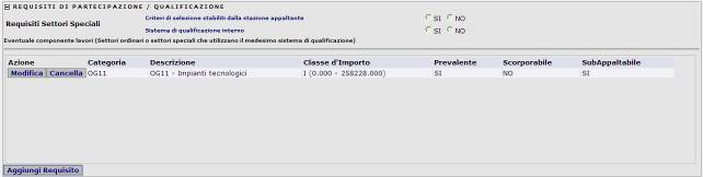 5.9.3.7 Requisiti di partecipazione / qualificazione In questa sezione vengono modificati, cancellati, o inseriti i requisiti di partecipazione e/o di qualificazione relativi ad una aggiudicazione.