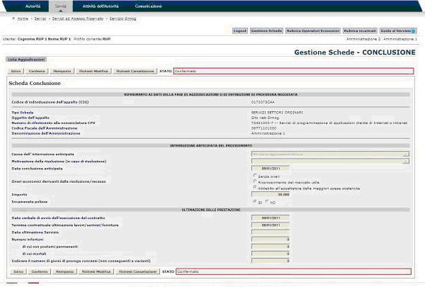 5.9.10 Riaggiudicazione Per riaggiudicare un appalto, occorre inizialmente effettuare la conclusione dell aggiudicazione da revocare (compilando la relativa scheda Conclusioni, come in Figura 77),