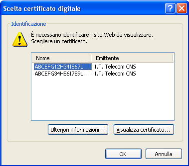 Figura 9 - Scelta del certificato digitale Quindi l'utente dovrà inserire il PIN di accesso nella seguente finestra e selezionare il pulsante