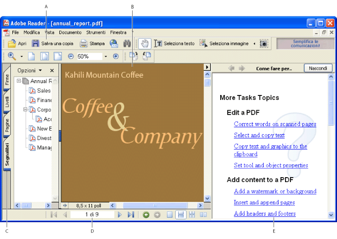Informazioni sull'area di lavoro La finestra di Adobe Reader contiene un riquadro del documento in cui vengono visualizzati i documenti Adobe PDF.