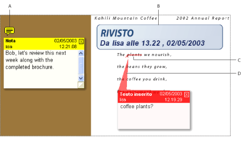 Visualizzazione e revisione dei commenti Il tipo di commento più comune è il commento Nota, simile a un biglietto adesivo applicato al documento.