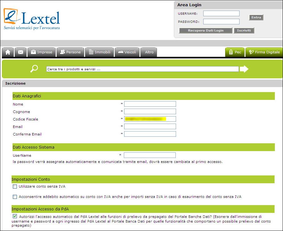 Figura 5 - Modulo Iscrizione portale Lextel Una volta ultimata l iscrizione, l utente sarà guidato da apposite