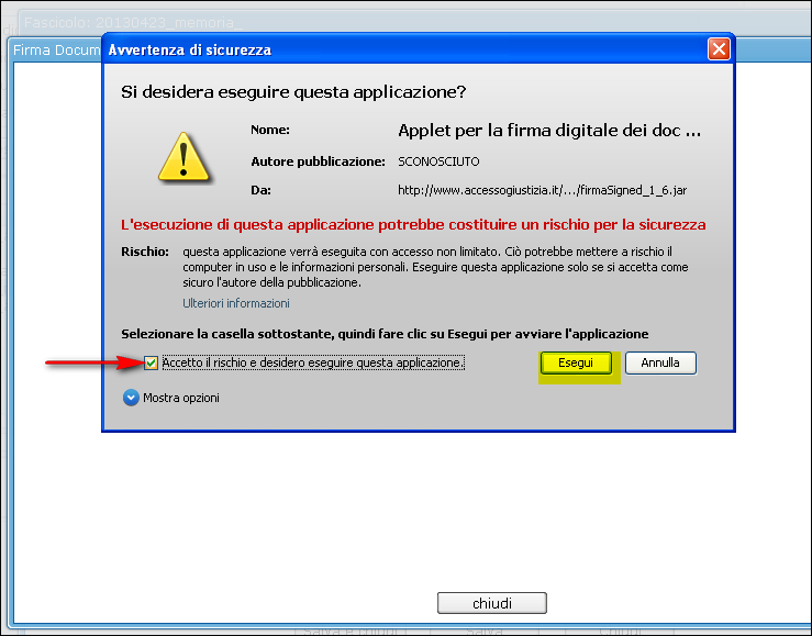 Figura 70 - Esecuzione applet per la firma digitale Con l avvio dell applicazione verrà visualizzata in una finestra l applicazione (applet) per l apposizione della firma digitale (Figura 71).