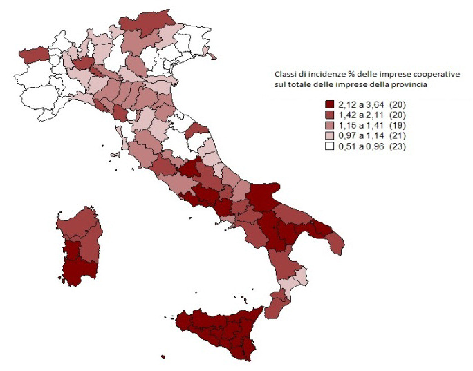 Prime e ultime venti province per incidenza delle imprese cooperative attive sul totale delle imprese provinciali Anno 2013 (valori assoluti e incidenze percentuali sul totale delle imprese della