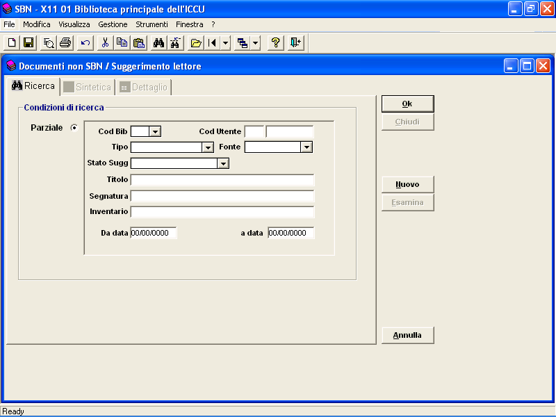 Inserisci / Esamina / Modifica / Elimina Documento non catalogato SBN fig.