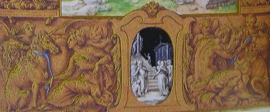 105 Miniatura del Libro d ore Farnese: particolare della Riconciliazione raffigurante la dama con l unicorno Nei bordi della pagina troviamo raffigurata la dama con l unicorno, altro classico emblema