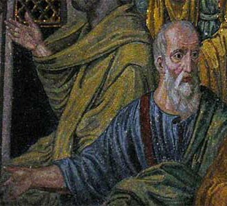 apostolo a destra san Francesco Saverio: 5 apostolo a destra. Ora andiamo a vedere i personaggi: Papa Paolo III (Alessandro Farnese) Paolo III: 2 discepolo in basso del mosaico (foto P.