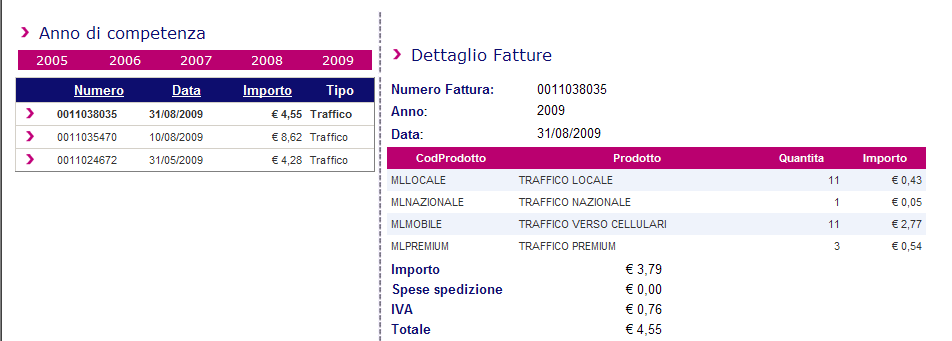 - Sezione FATTURE Tramite un menù sulla sinistra il Cliente potrà selezionare il mese e l anno e successivamente un elenco delle fatture del periodo relative a spese di traffico telefonico