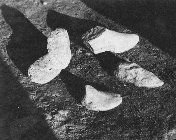 Fig. 18 Barumini, Su Nuraxi. Pezzi di calcare ritagliati a foggia di piede umano (forme da scarpe?). Dal vano 59 della casa 42 (Fase d).