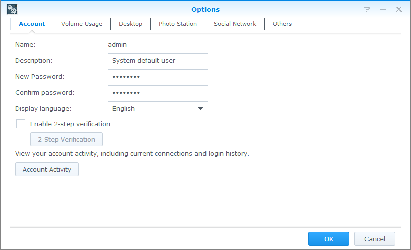 Guida dell utente di Synology NAS Spegnimento, riavvio, disconnessione o gestione opzioni personali Fare clic il menu Opzioni (l'icona a forma di persona in alto a destra) per spengere, riavviare,