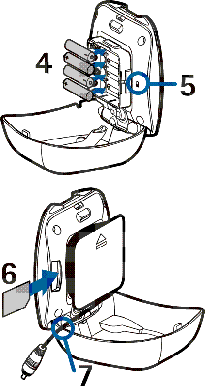 4. Inserire le batterie AAA (4) e quindi riportare il coperchio in posizione. 5. Controllare che il commutatore NTSC/PAL (5) si trovi nella posizione corretta. 6.