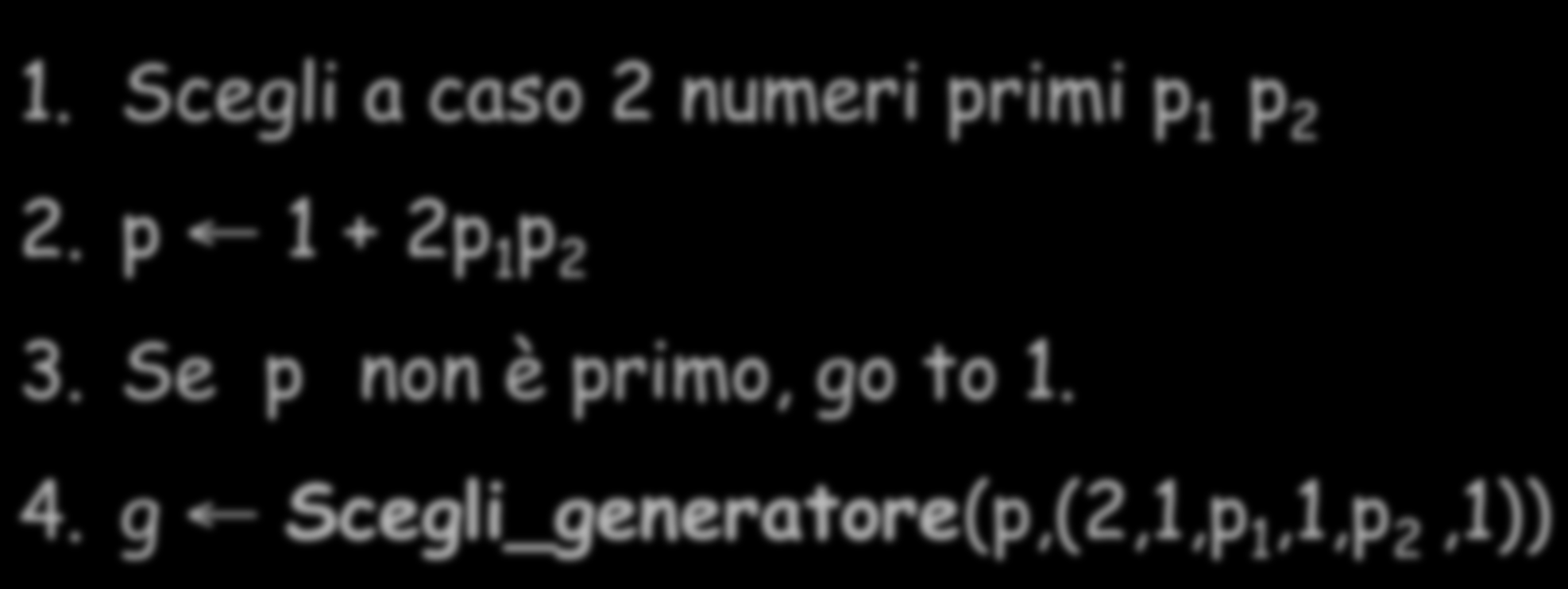 Generazione chiavi Diffie-Hellman 1. Scegli a caso 2 numeri primi p 1 p 2 2.