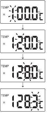 Esempio: Impostazione del valore limite della temperatura a 128,3 ºC Punto 1. Tenere premuto il tasto MODE. Comincia ad aumentare il decimale da 0 a 9.