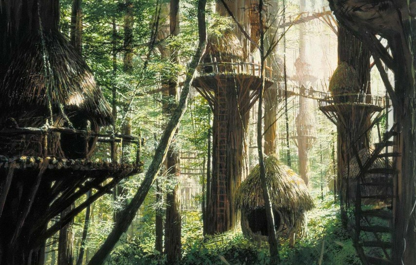 Tolkien, il popolo degli Elfi vive in stretta simbiosi con la natura e alcune delle loro strutture avvolgono completamente gli alberi della foresta.