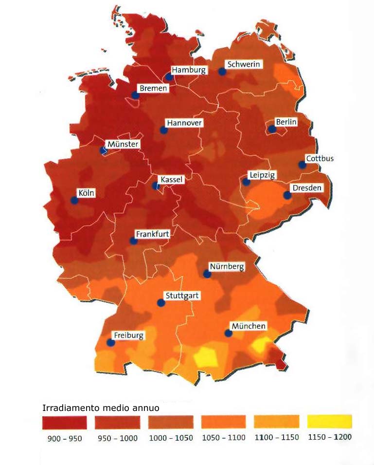 Anche in Germania l'irradiamento solare annuale indica un'energia momentanea di 1.000 kwh/m²/anno su superfici orizzontali (fig. 2.5.).