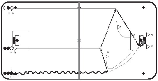 ESERCIZIO NR. 19 Lo scopo è di esercitarsi per situazioni di 3 contro 2 e 2 contro 1. Forma tre linee da una parte e metti due difensori dalla parte opposta come dimostrato nel disegno.