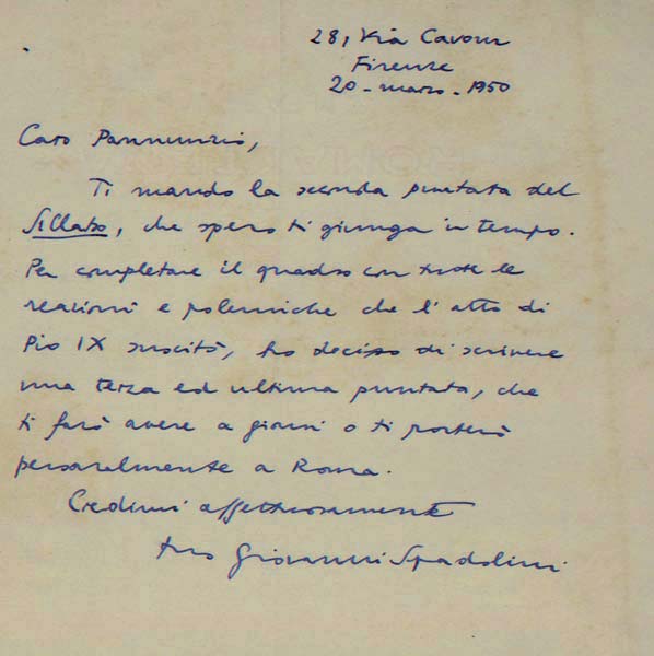 Lettera di Giovanni Spadolini a Pannunzio (20 marzo 1950) relativa al secondo articolo sulla storia del Sillabo ASCD, Fondo Pannunzio, b. 17, f. 100.