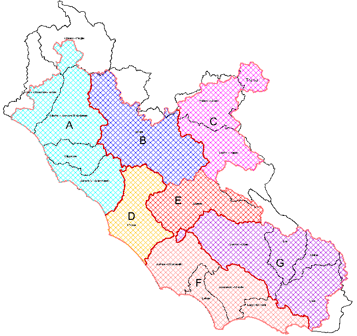 Zone di Allerta e corrispondenti Aree Idrogeologiche Omogenee Nell Allegato II è riportata la distribuzione dei comuni del Lazio nelle Zone d Allerta.