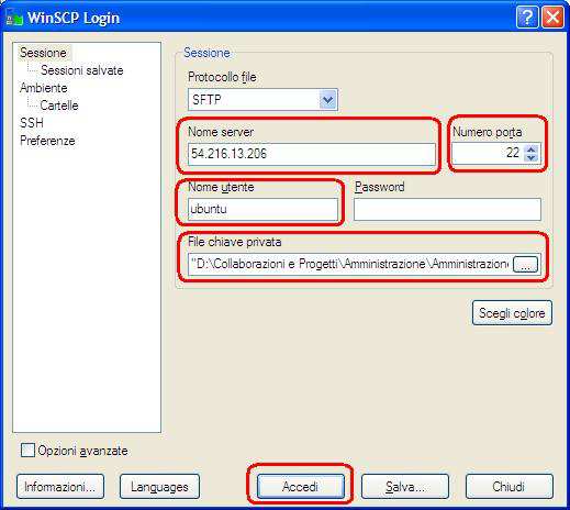 Nome Server: L indirizzo IP pubblico dell istanza Numero Porta:22 Nome Utente: ubuntu File Chiave Privata: il percorso del key pair impostato alla