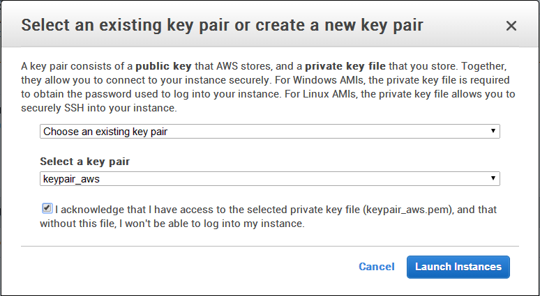 3 Avvio dell istanza Dopo un ulteriore schermata di conferma è possibile lanciare effettivamente l istanza. A questo punto verrà richiesto l uso di un key pair.