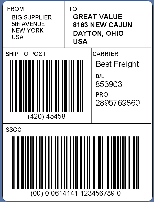 Figura 6.5.5-3 Etichetta con le Sezioni per il Fornitore e il Trasportatore Questo esempio mostra un etichetta applicabile al momento dei trasporti.