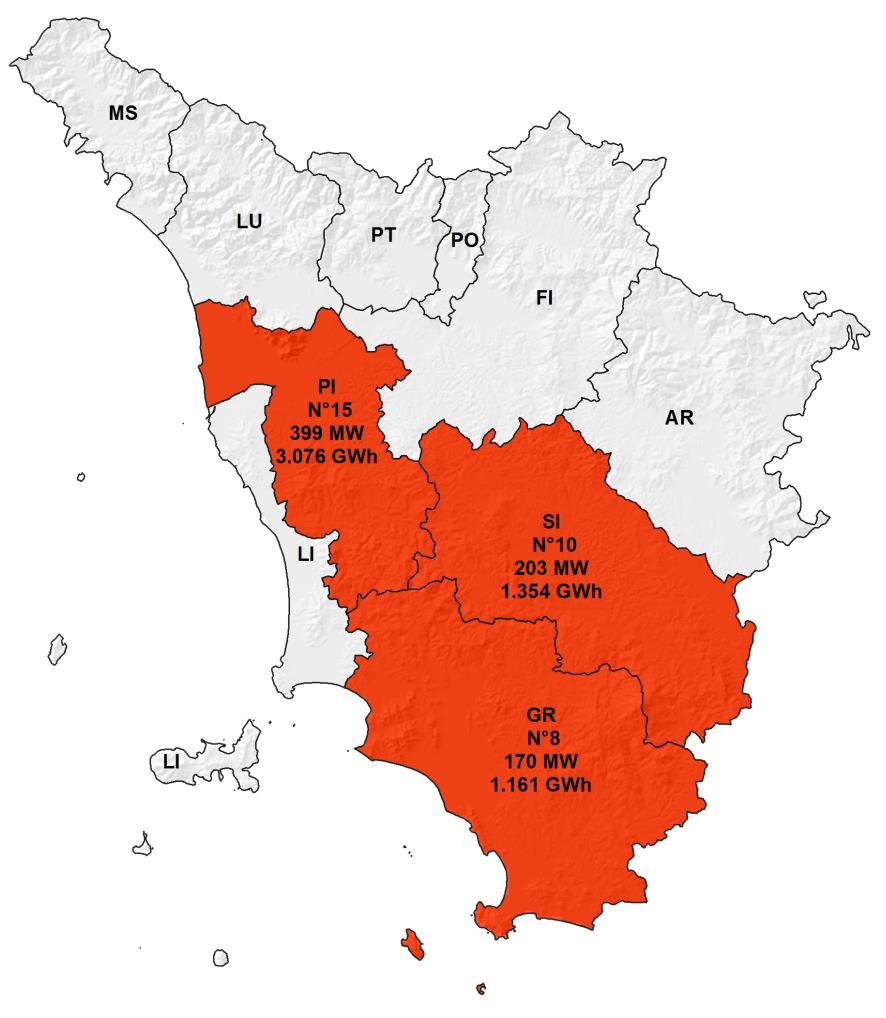 Distribuzione provinciale degli impianti geotermoelettrici nel 2012 - Numerosità,