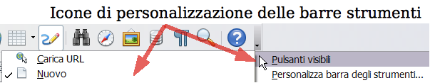 Figura 6: Personalizzazione delle barre degli strumenti Per visualizzare o nascondere le icone previste per una certa barra degli strumenti, scegliete Pulsanti visibili nel relativo menu a discesa.