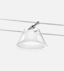 Particolari in metallo cromato. Transparent crystal pendant with sanded Pyrex glass internal diffuser. Chromed metal details.